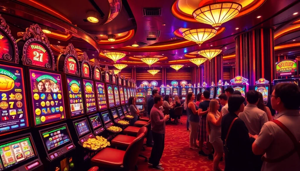 Players enjoying an exciting game at kerajaanslot with vibrant slot machines and thrilling atmosphere.