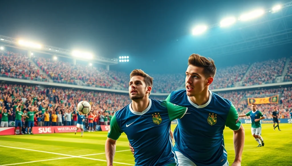 أجواء مباراة كرة قدم ديناميكية تُبرز كورة لايف بجماهيرها المتحمسة ولاعبين نشيطين في الملعب.