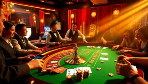 Players enjoying roulette at a luxurious casino emphasizing xn88 net gaming experiences with betting excitement.