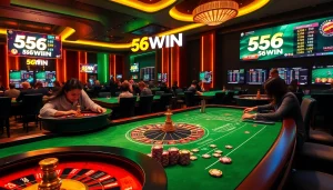Experience the thrill of betting with 56WIN at a vibrant casino gaming table.