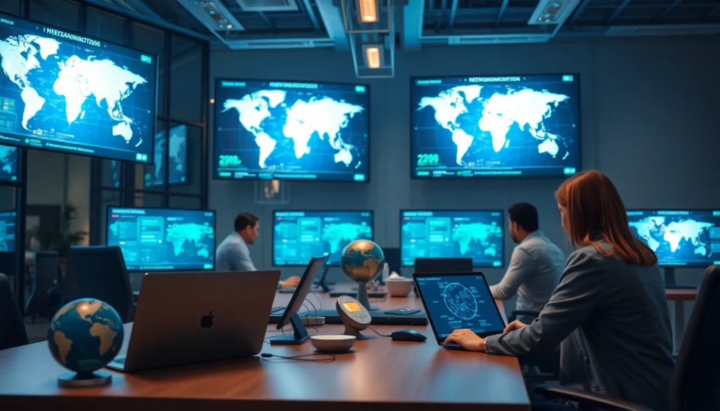 快连下载 application showcased in a modern office setting with professionals using technology.