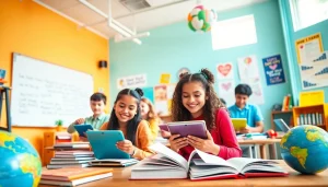 Engaging education scene highlighting students collaboratively learning in a bright classroom.