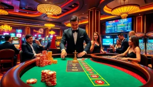 Players celebrating a win at TR88.com poker table in a vibrant, luxurious casino setting.