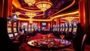 Players enjoying nổ hũ slot machines in a luxurious casino environment, featuring vibrant colors and engaging gameplay.