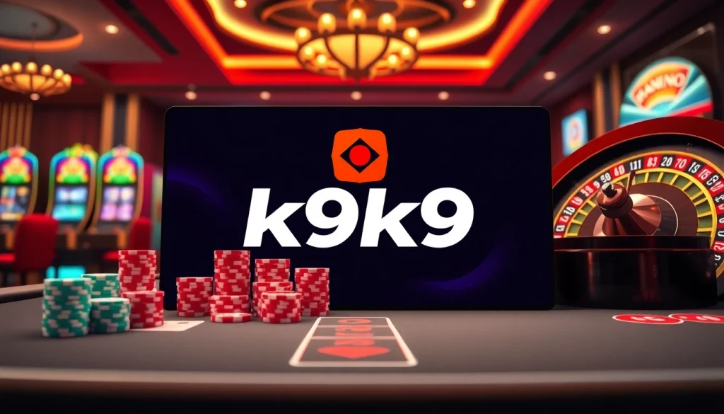 Engaging scene showcasing nhà cái k9k9 with poker chips, a roulette wheel, and slot machines.