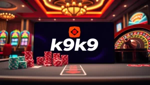 Engaging scene showcasing nhà cái k9k9 with poker chips, a roulette wheel, and slot machines.