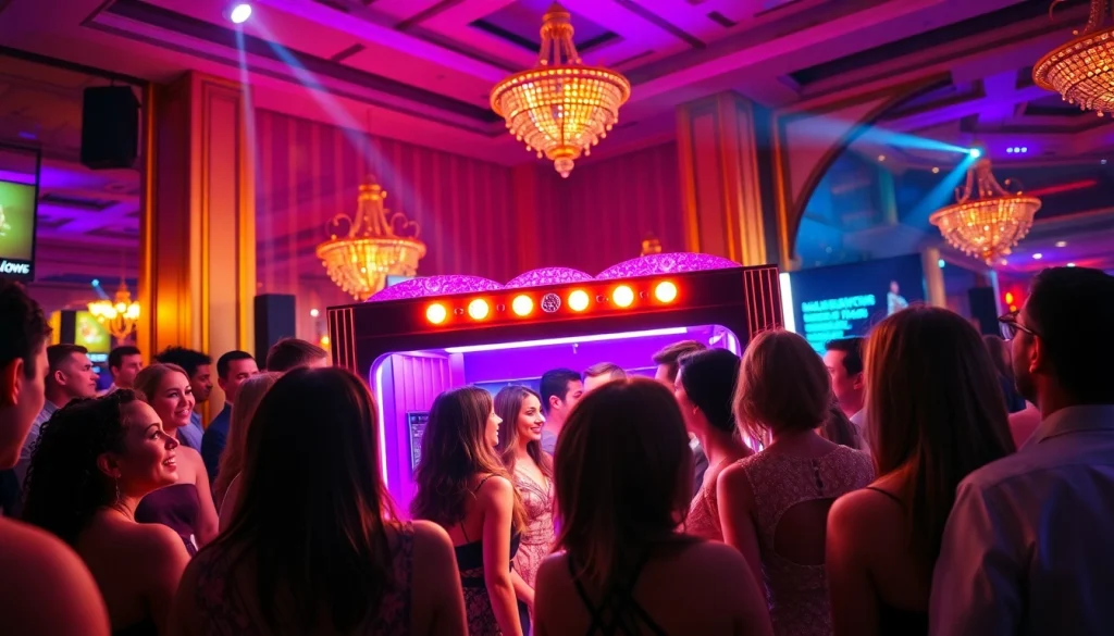 Las Vegas Photo Booth Rental featuring an elegant booth with vibrant props and guests enjoying a party atmosphere.