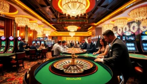 Excited gamblers at a vibrant Nohu90 casino table, celebrating wins with poker chips and lively atmosphere.