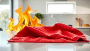 Fire blanket displayed prominently over a countertop in a kitchen, emphasizing safety readiness and quality.
