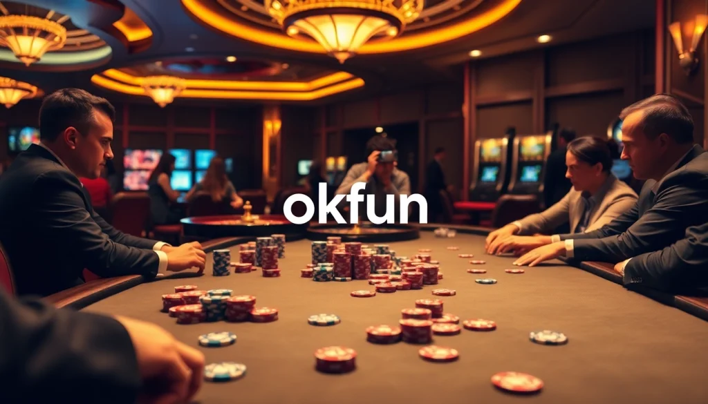 Players engaged in a thrilling poker game at an okfun casino, showcasing vibrant chips and a roulette wheel.