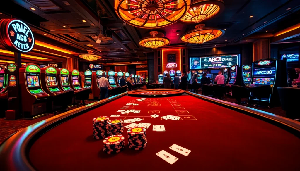 Engaged players at casino poker table with ABC8 logo amidst vibrant gaming atmosphere.