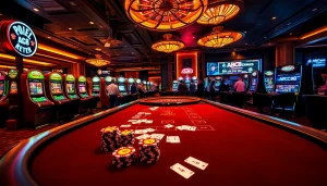 Engaged players at casino poker table with ABC8 logo amidst vibrant gaming atmosphere.