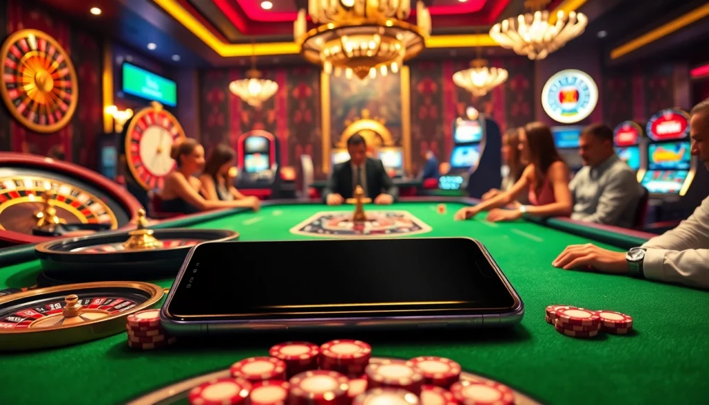 Samsung Galaxy S8 displayed on an elegant casino table with players engaged in high-stakes poker.