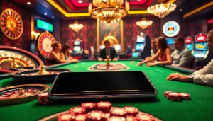 Samsung Galaxy S8 displayed on an elegant casino table with players engaged in high-stakes poker.