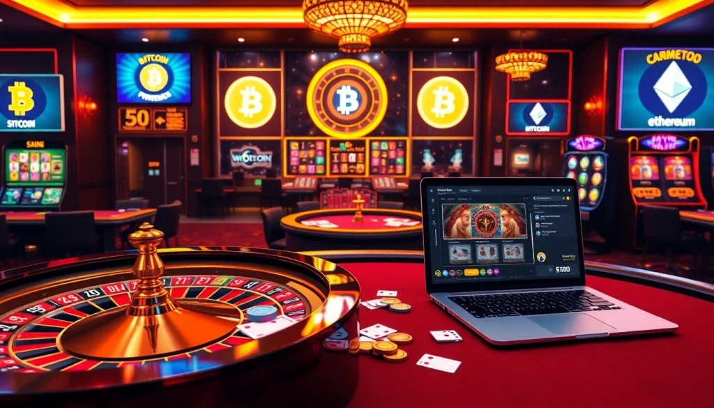 Engaging scene of crypto online casinos featuring poker chips and roulette wheel in a virtual setup.