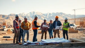 Construction workers collaborating on a building site representing construction association colorado.