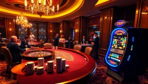 Exciting casino scene featuring players engaging at 789P roulette and blackjack tables.
