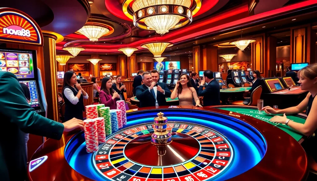 Experience the thrill of nova88 with players engaging at a vibrant casino scene, showcasing excitement and luxury.