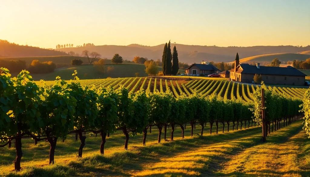 Experience the stunning vineyards of Carksburg CA with lush grapevines and warm lighting.