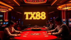 Players enjoying thrilling games at TX88 Casino, showcasing poker, roulette, and vibrant slot machines.