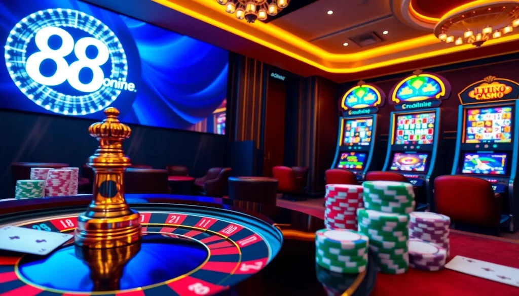 Experience thrilling betting action at 88online with colorful poker chips and a vibrant roulette wheel.
