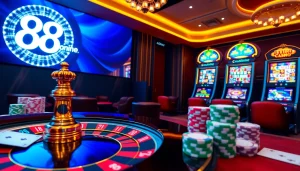 Experience thrilling betting action at 88online with colorful poker chips and a vibrant roulette wheel.