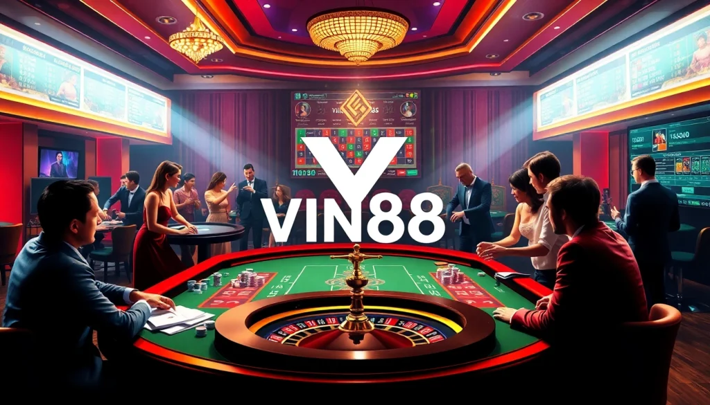 Experience the thrill of VIN88 with a vibrant casino scene featuring a roulette wheel and poker table.