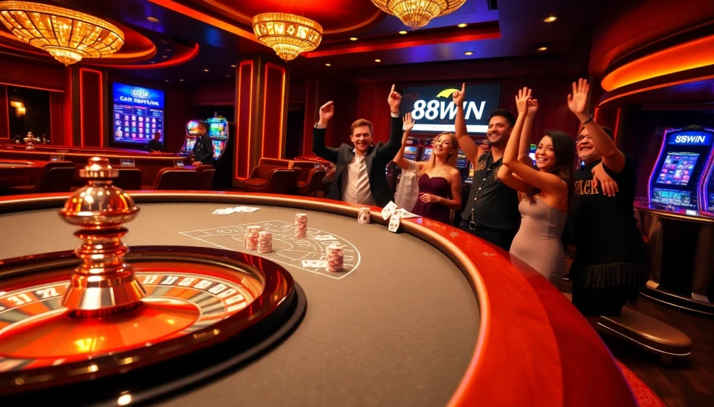 Winning moment at 98WIN casino with players celebrating around a glowing poker table.