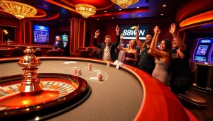 Winning moment at 98WIN casino with players celebrating around a glowing poker table.