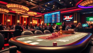 Gambling action at a vibrant 23win casino scene with poker tables and betting excitement.