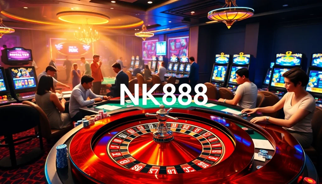 Engage in high-stakes gameplay at an elegant casino featuring the NK88 roulette table amidst vibrant lights and excitement.