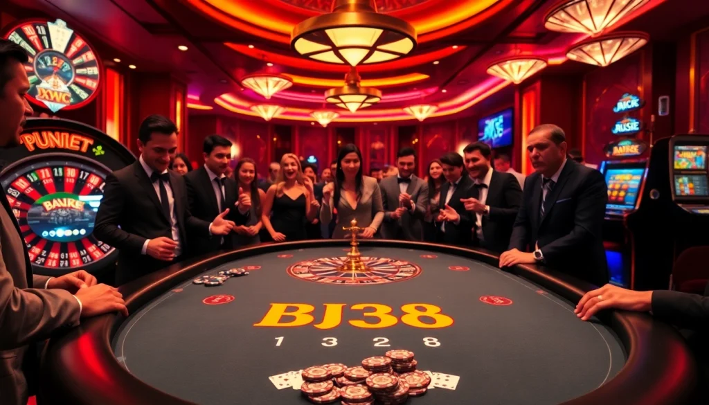 Experience the excitement of BJ38 poker with an elegantly designed table surrounded by enthusiastic players.
