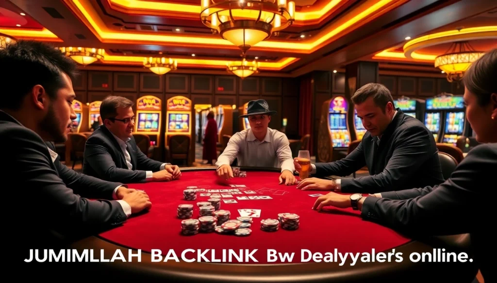 Poker table in a luxurious casino highlighting JUMLAH BACKLINK and strategic gameplay with vibrant colors and chips.