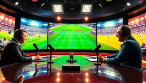 Engaging hosts in a vibrant sports broadcasting studio showcasing live sports highlights.