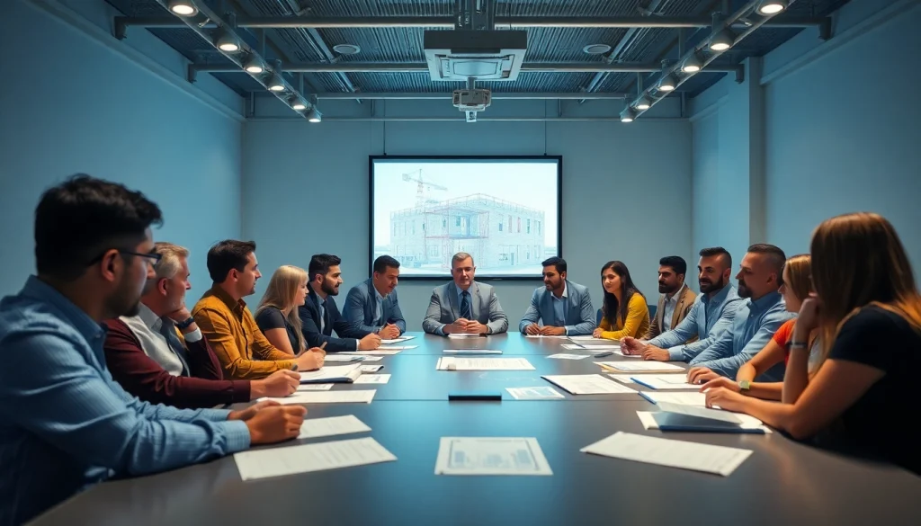 Engaged members of a construction association collaborating on innovative projects.