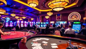 U888 casino scene showing vibrant poker tables, chips, and a roulette wheel.
