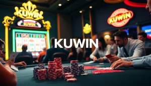 KUWIN casino scene showcasing players at poker and roulette tables in a luxurious environment.