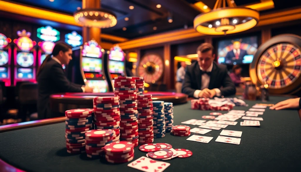 SBOBet players engaging in an intense poker game at a luxurious casino table.