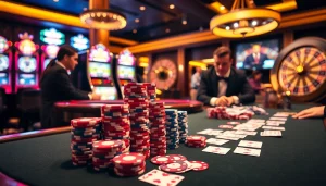 SBOBet players engaging in an intense poker game at a luxurious casino table.