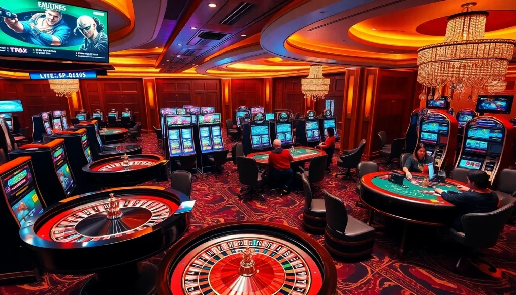 Experience the vibrant atmosphere of tr88 casino with elegant tables, slot machines, and excited players.