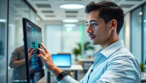 Engaging interaction with the 1cplatform's digital interface in a modern office setting.