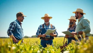 Farmers collaborating on agriculture law in a vibrant agricultural setting.