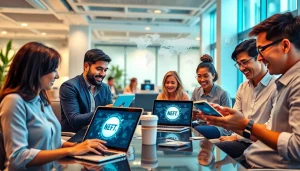 快连下载 showcases users enjoying seamless global connectivity in a modern office setup.