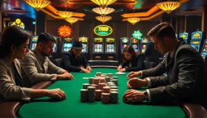 Players strategizing in a high-stakes poker game at a luxurious casino with TR88 chips.