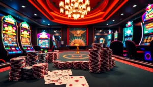 Gambling enthusiasts celebrating their wins at dr88 casino tables with vibrant poker chips and cards.