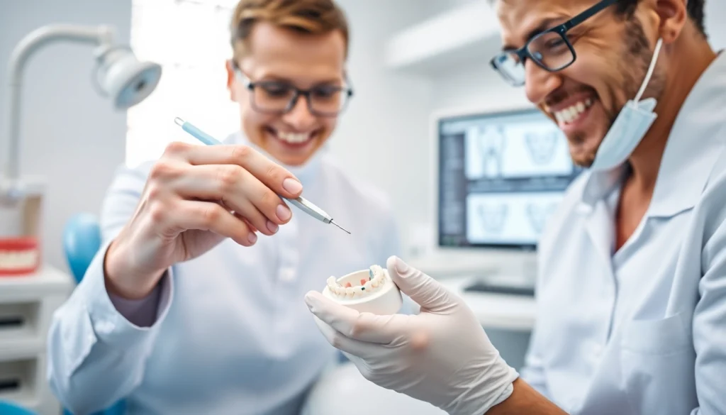 マウスピース矯正 おすすめ: A dental professional demonstrating the use of an orthodontic mouthpiece in a modern office.