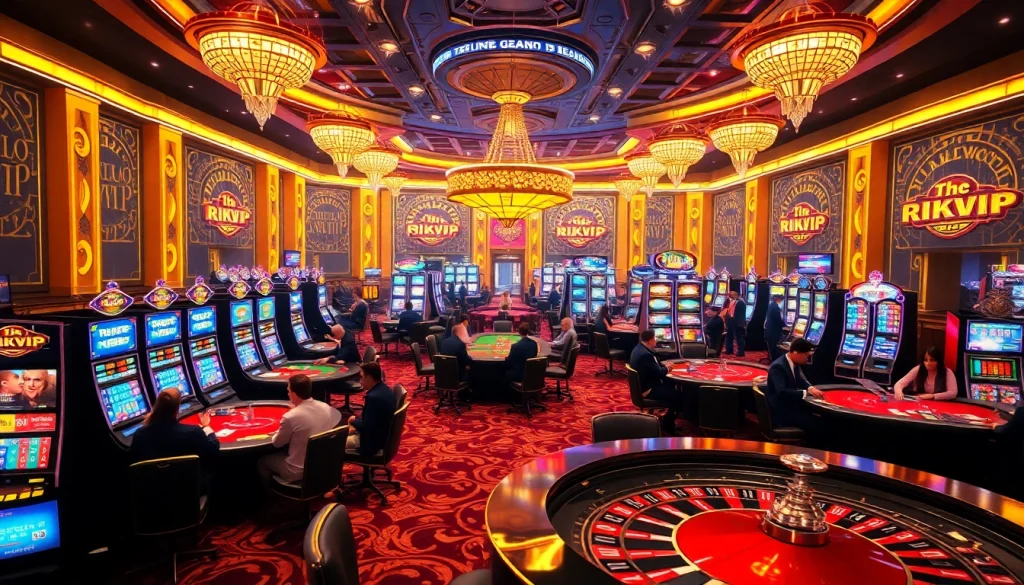 Players enjoying vibrant games at RIKVIP's casino, with poker tables and slot machines.