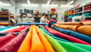 Bekijk de verscheidenheid aan jersey stoffen in een textielatelier met levendige kleuren.