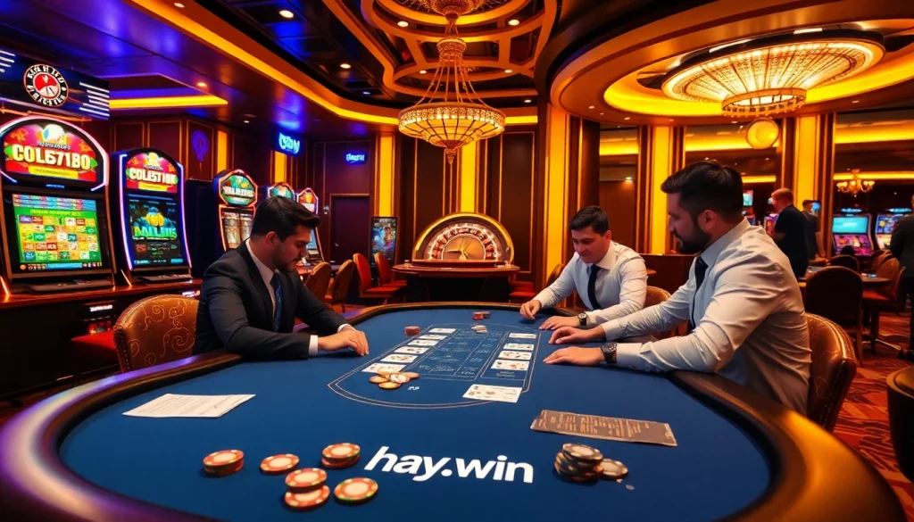 Experience the thrill of gambling at hay.win with a vibrant casino scene showcasing poker and slots.