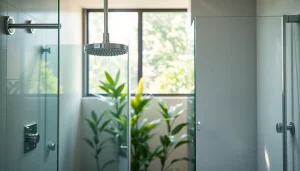 Explore elegant showers in a modern bathroom with a sleek, minimalist design showcasing clear glass and chrome accents.
